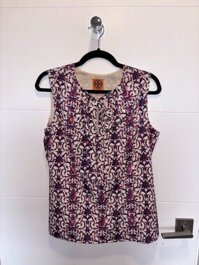 Tory Burch Purple Floral Sleeveless Tie Neck Bow Blouse Size 6